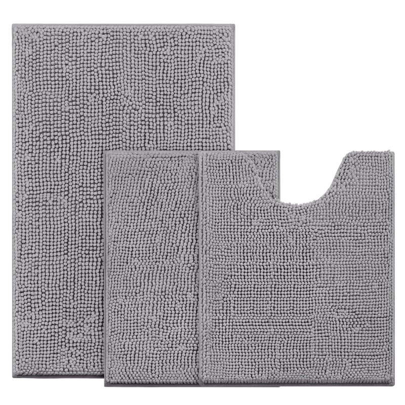 BYSURE Grey Bathroom Rugs Sets 3 Piece Non Slip Extra Absorbent Plush Chenille Soft Washable Bath Mats - Image 1